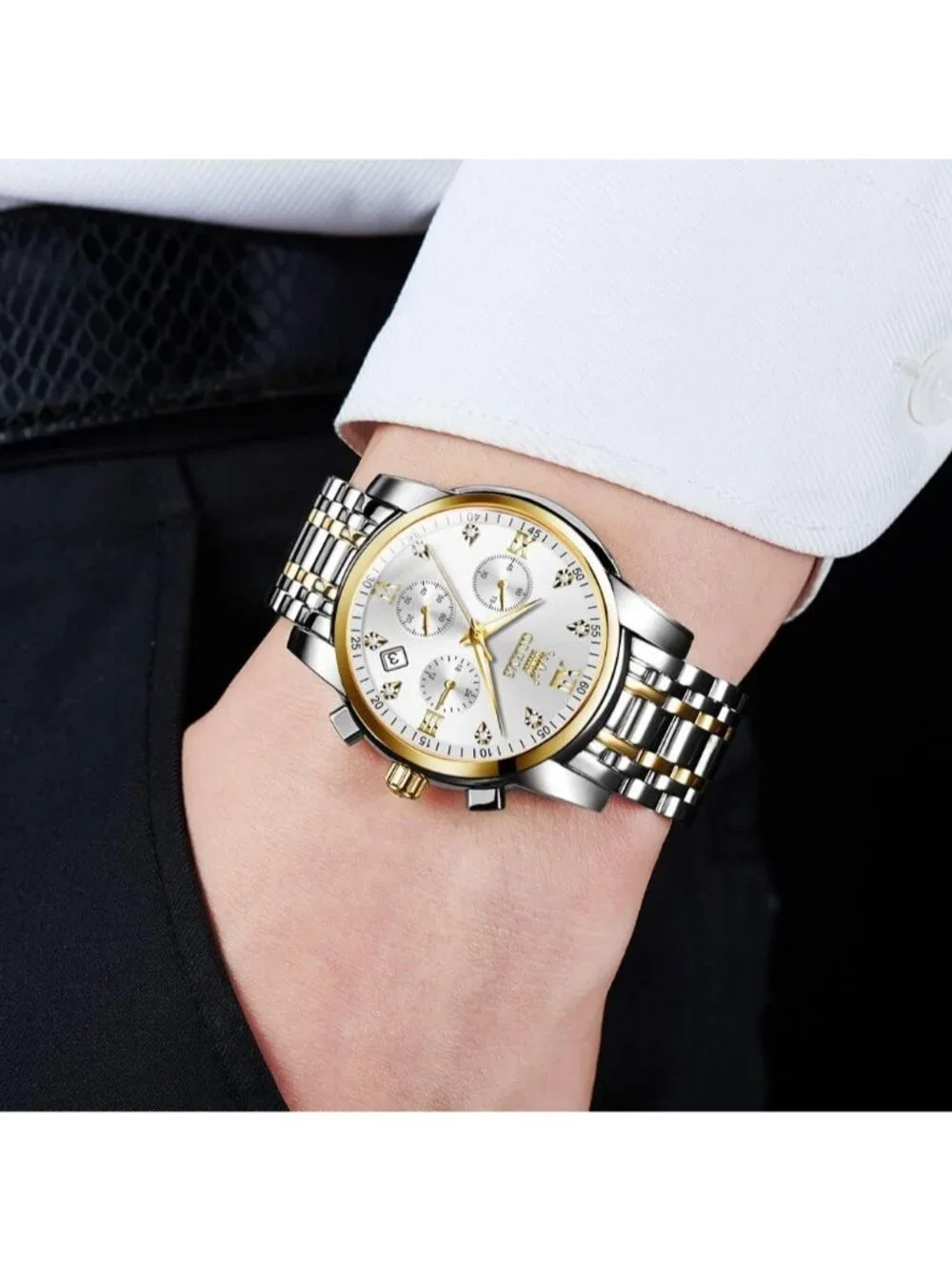 Men's  White Face/Two Tone Strap Stainless Steel Chronograph Waterproof  Watch